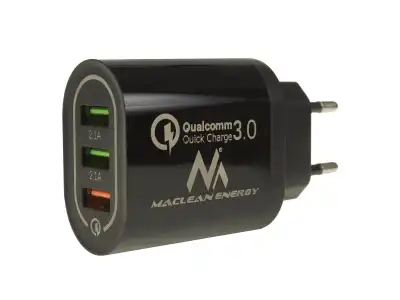 Ładowarka sieciowa Maclean, Qualcomm Quick Charge, QC 3.0 - 3.6-6V/3A, 6-9V/2A, 9-12V/1.5A, 2 gniazda 5V/2.1A, Czarna, MCE479 B