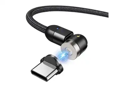 Magnetyczny kabel Maclean, Kątowy, Wspiera Fast Charging, USB C 3w1, 9V/2A, 5V/3A, Nylonowy oplot w kolorze czarnym, 1m, MCE474