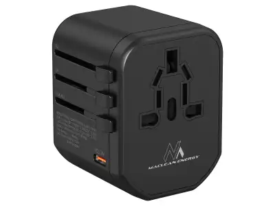 Adapter podróżny Maclean, zasilacz USB, 2xUSB 2,4A + USB-C PD 20W, Bezpiecznik 8A, Quick and Fast Charge, 200 krajów świata, MCE