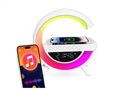 Inteligentna lampa LED RGB z ładowarką indukcyjną, wyświetlacz LCD, głośnik Bluetooth, Radio FM, USB,TF,AUX, zegar, alarm, akumlator