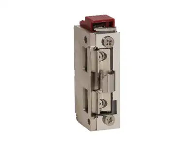 Elektrozaczep symetryczny z prowadnicą i sygnalizacją niedomkniętych drzwi, rewersyjny, MINI, NISKOPRĄDOWY 280mA dla 12VDC